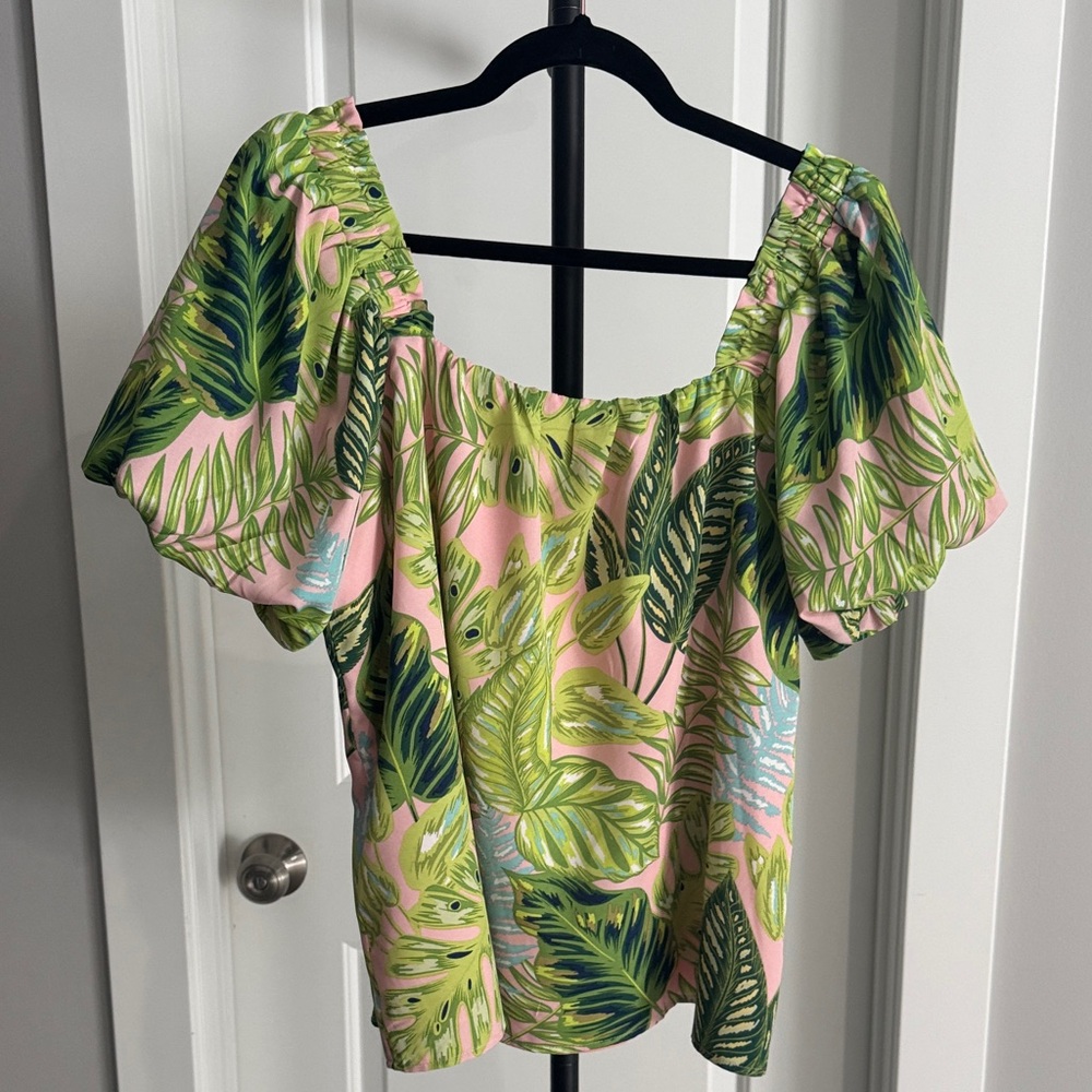 Jade Green and Pink Leaf Print Blouse